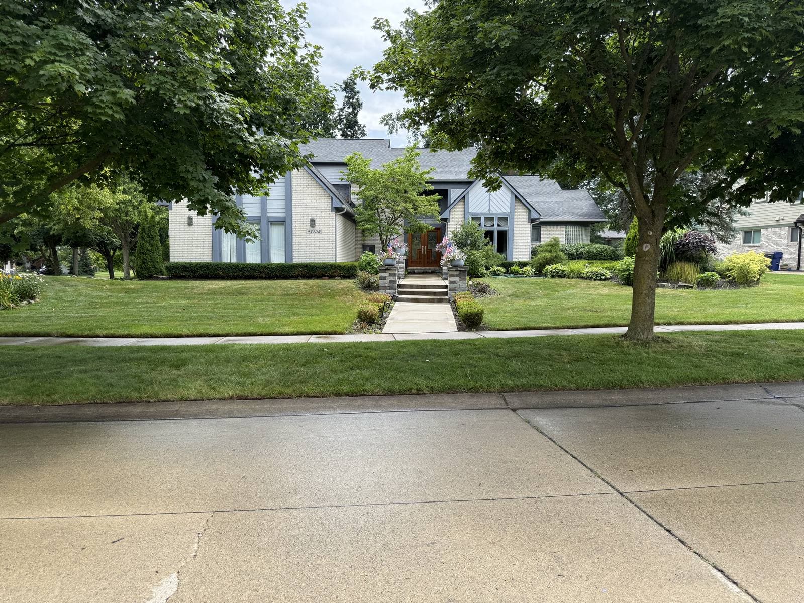 A thick, healthy green front lawn beside a paved driveway